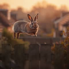 House rabbit airborne above his garden fence in a dream, ears back, gazing down at the rooftops below