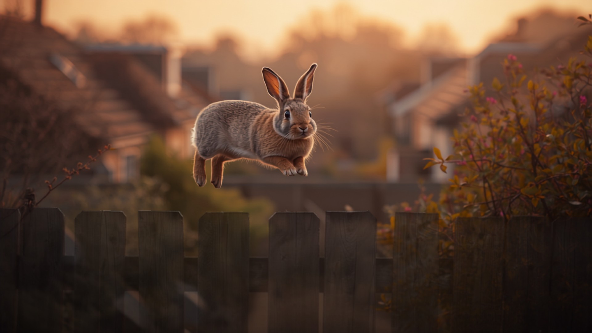 House rabbit airborne above his garden fence in a dream, ears back, gazing down at the rooftops below