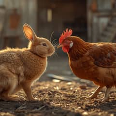 House rabbit and a self-assured hen facing off nose to beak in a farmyard, neither willing to look away first