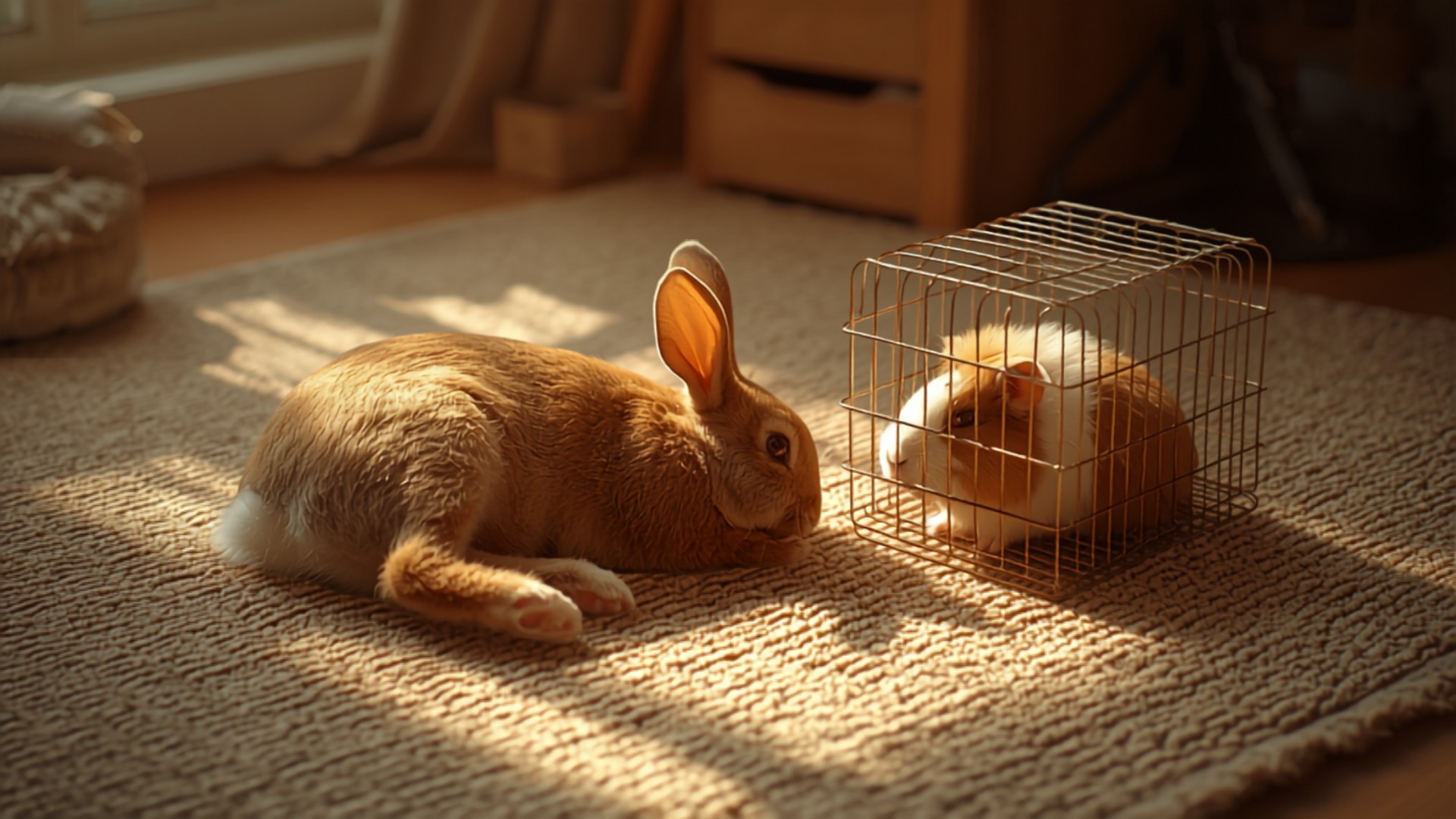 A house rabbit lounging on a sunlit rug beside a wire guinea pig travel cage, both animals sharing the same patch of afternoon light