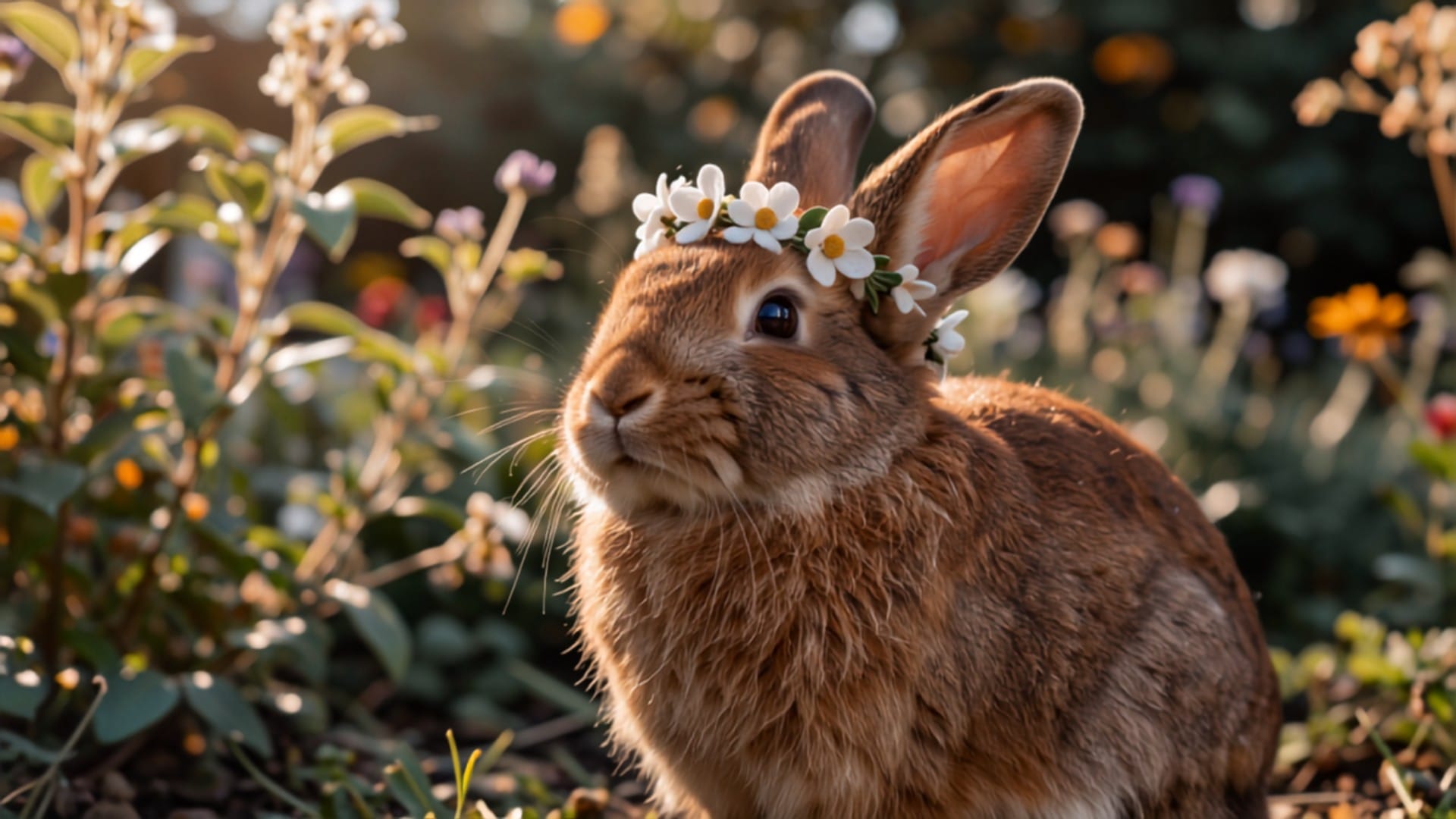 A house rabbit wearing a small white felt flower crown sits with chin lifted and ears up in a garden, mid pose for a photograph.