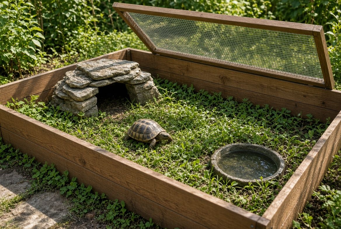 An outdoor tortoise pen with solid opaque walls, a shaded wooden shelter, a shallow water dish with a ramp, and a secured wire mesh top
