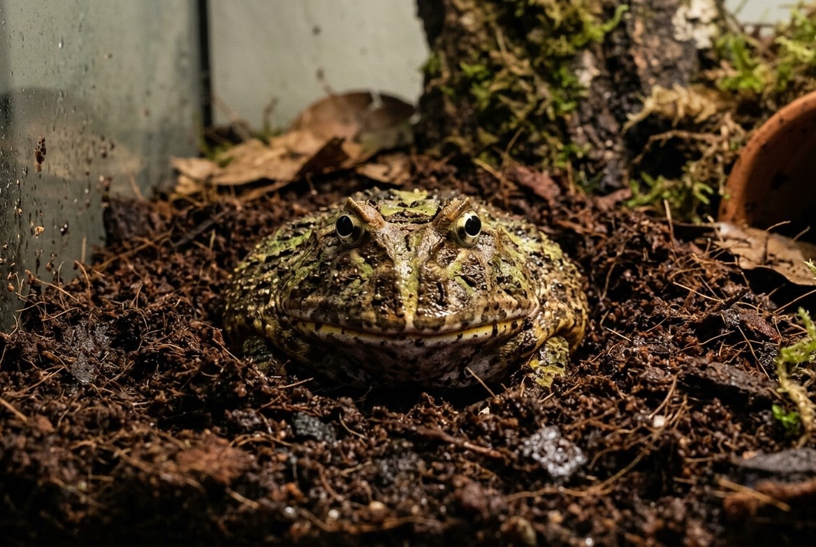 Pacman frog sitting in a simple terrarium setup with coconut fiber substrate