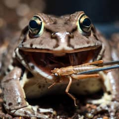 Pacman frog striking at a cricket held with feeding tongs