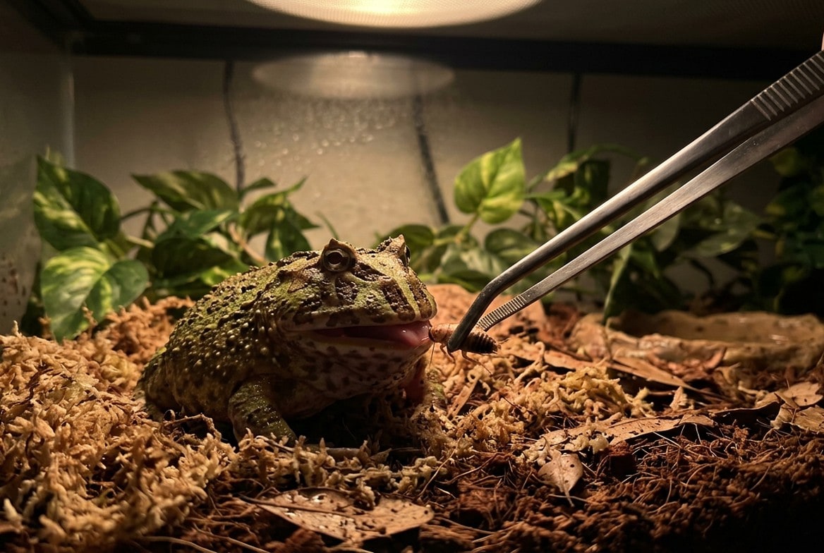Pacman frog sitting motionless and buried in substrate, illustrating why handling stays minimal
