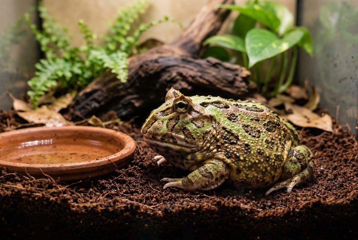 Pacman frog on coco fiber substrate, the substrate choice directly tied to impaction risk