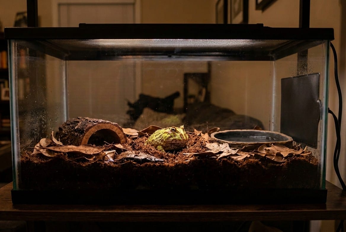 Pacman frog terrarium with deep coco fiber substrate, shallow water dish, and simple hide