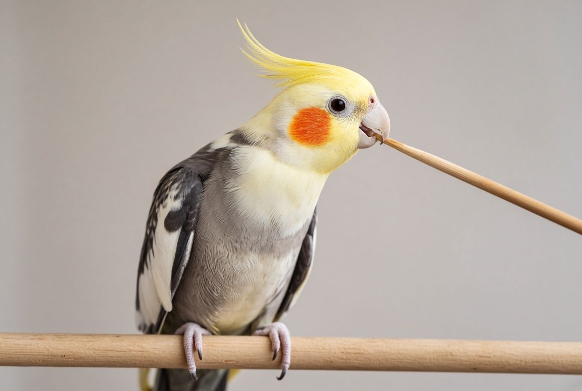 A small parrot touching its beak to a target stick held near a perch during a short positive reinforcement training session