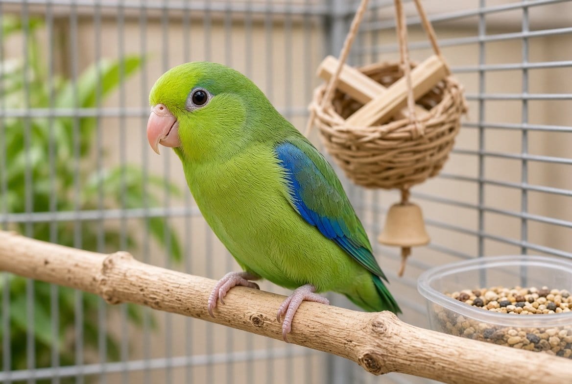 Pacific parrotlet perched beside its cage with food dishes and toys