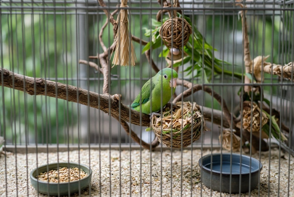 Parrotlet cage with varied perches, foraging toys, and safe bar spacing