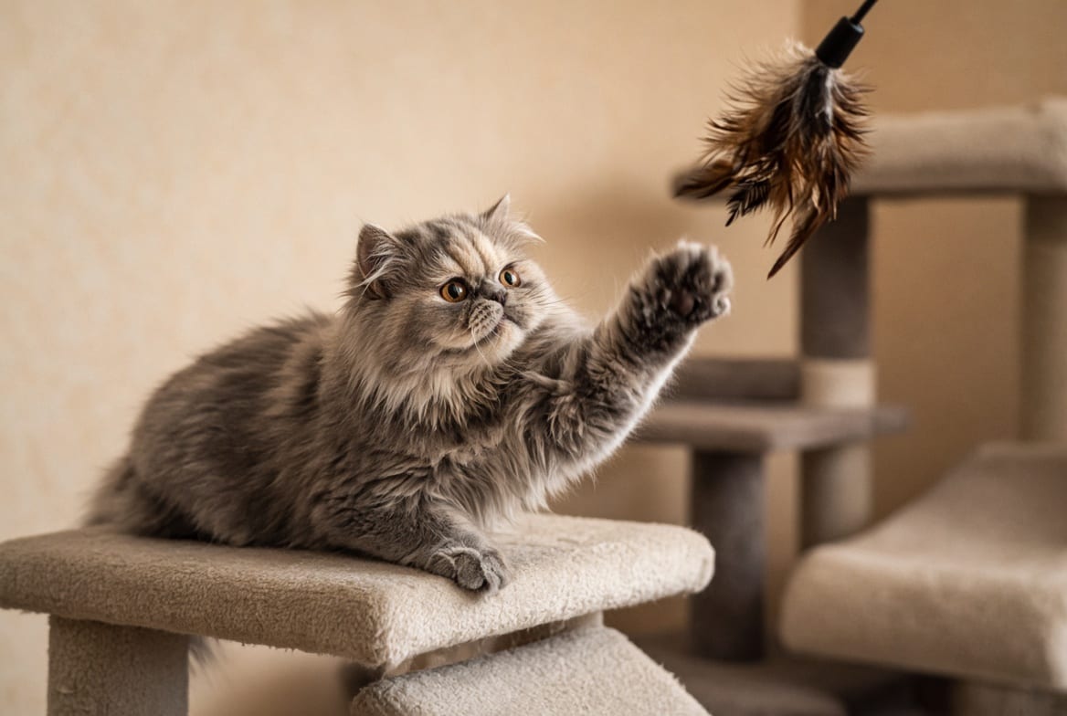 A long-haired persian cat batting at a wand toy from a low padded platform