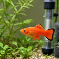 A small group of colorful platies swimming in a planted 10-gallon aquarium