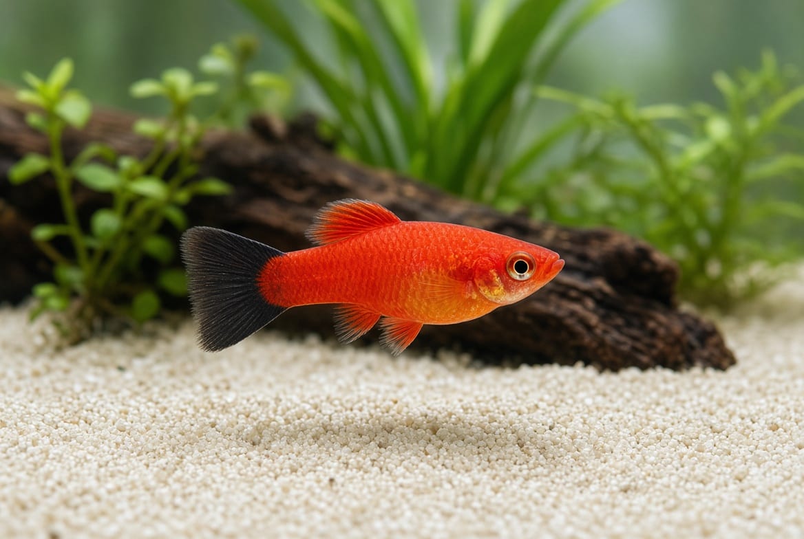 A group of orange platies among dense planting near the surface of an aquarium