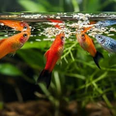 A platy feeding on flakes near the surface of a planted aquarium