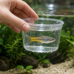 A fine-mesh net gently guiding a platy during a tank transfer instead of using bare hands