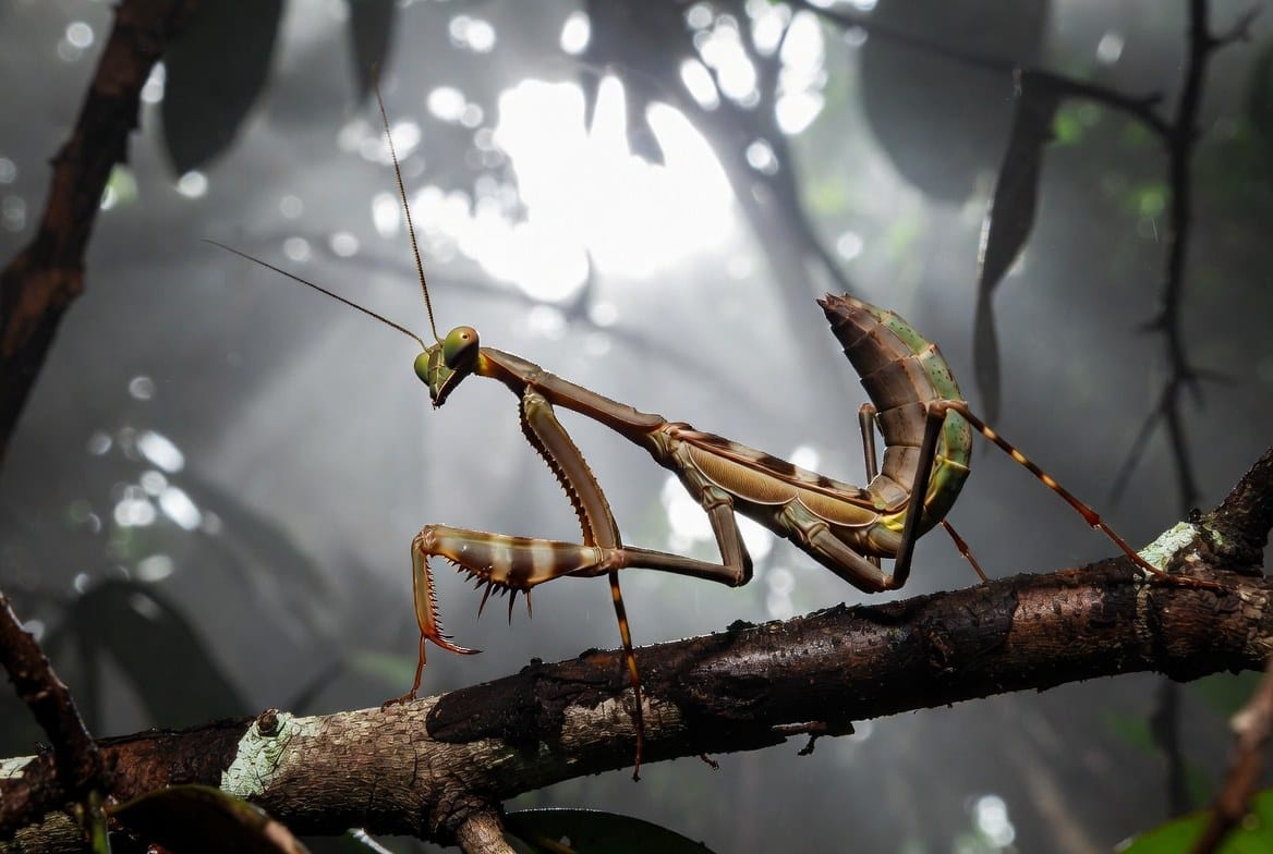Praying mantis mid-molt hanging from a branch inside its enclosure
