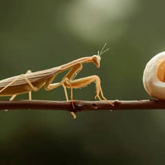 Praying mantis on a branch next to its foam-like ootheca egg case