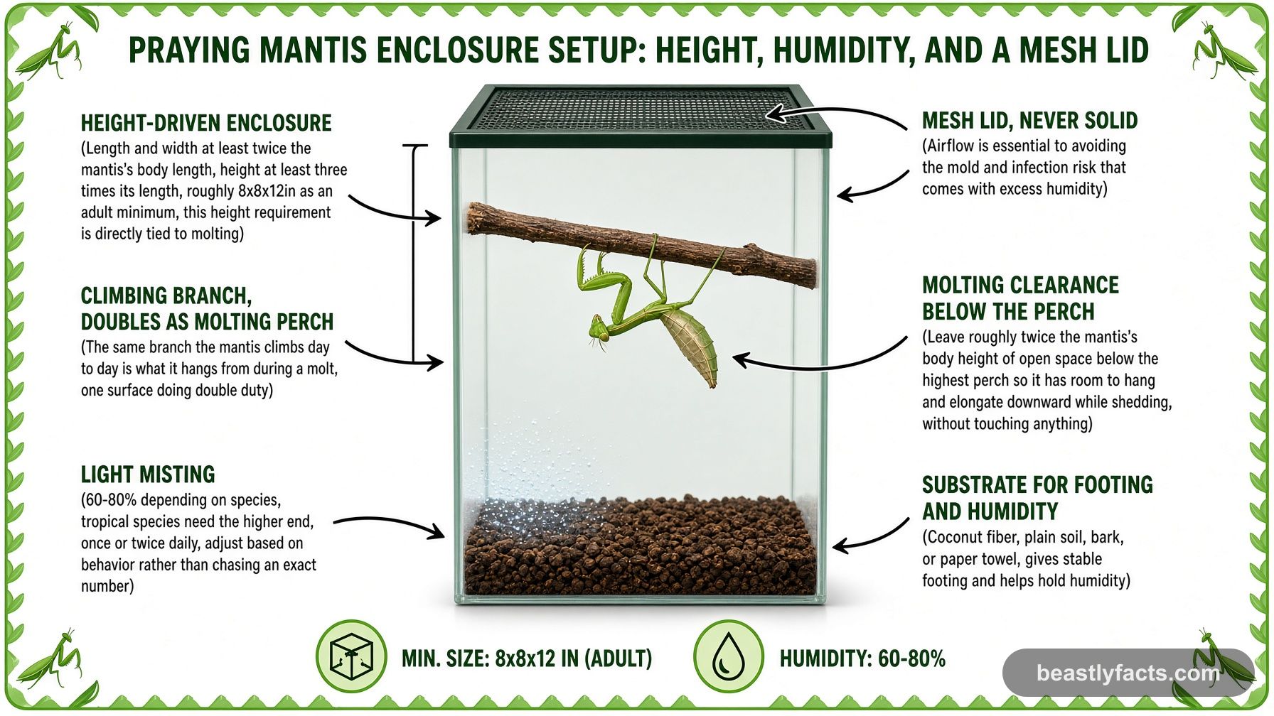 Labeled diagram of a praying mantis enclosure showing a mesh lid, a climbing branch that doubles as a molting perch, and clearance below it