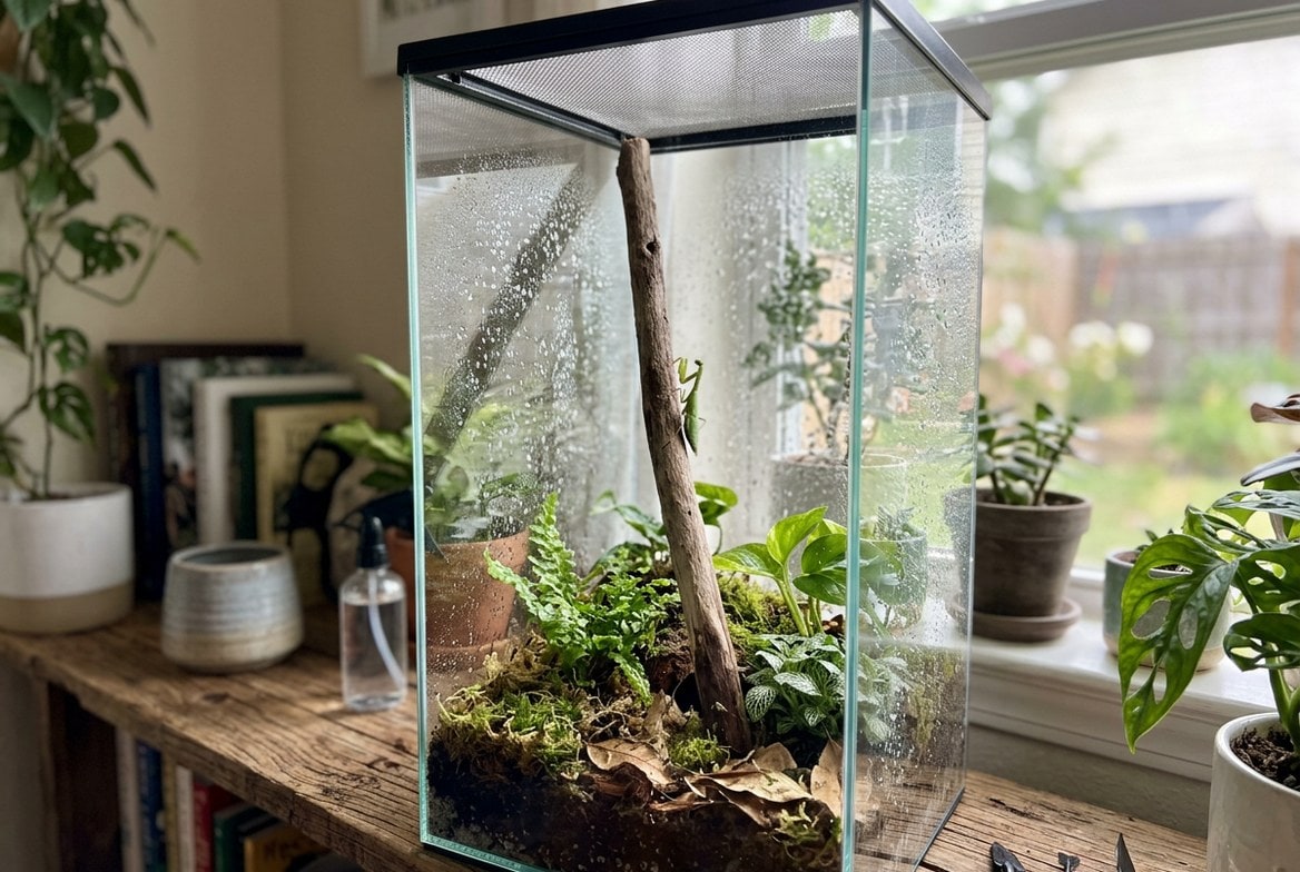 Praying mantis enclosure with mesh lid, climbing branch, and misted substrate