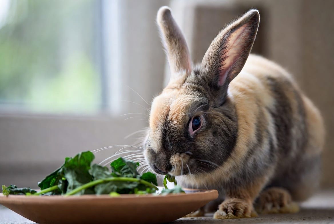 Rabbit eating fresh hay and leafy greens