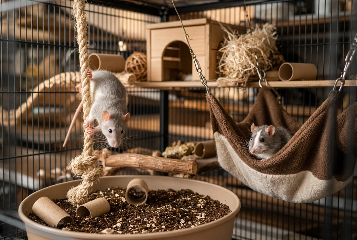 Two fancy rats exploring a multi-level cage with ropes, hammocks and a dig box