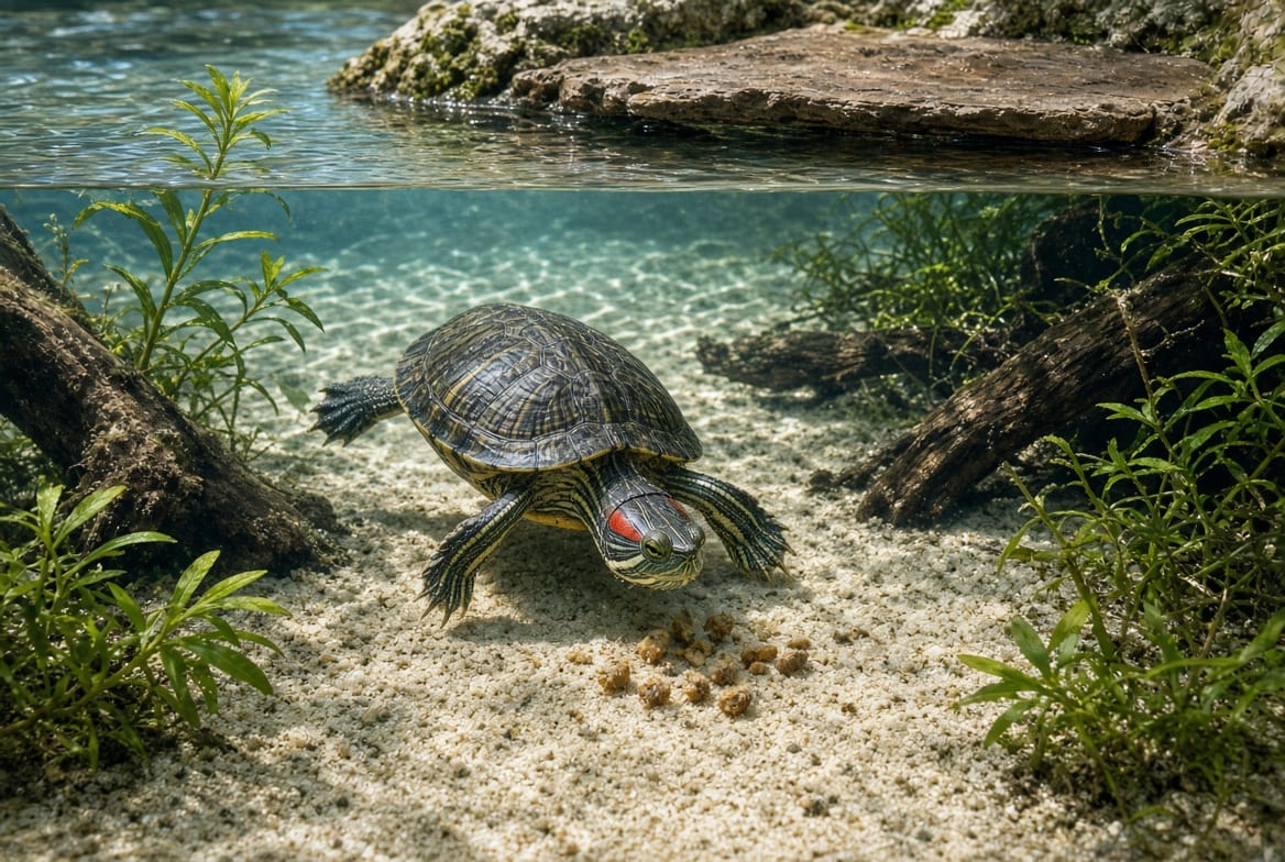 A red-eared slider swimming down past submerged planting toward a scattered food item
