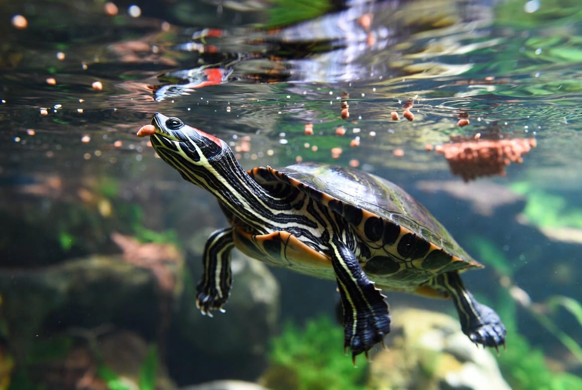 Red-eared slider eating floating pellets while submerged in water