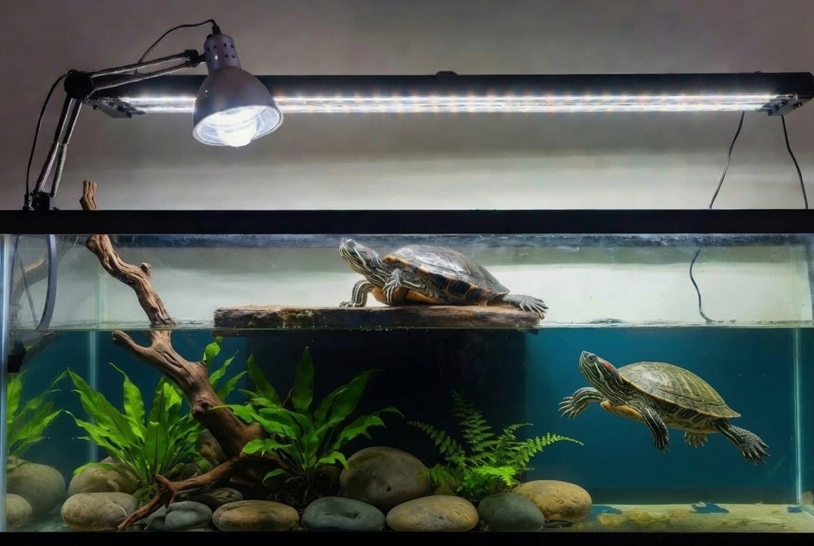 Red-eared slider tank setup with basking platform, UVB lighting, and canister filter