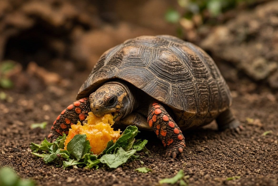 Red-footed tortoise eating a mix of fruit, leafy greens, and protein