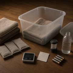 A ventilated reptile transport tub with a towel, a hand warmer, and a battery thermometer packed for a power outage or trip
