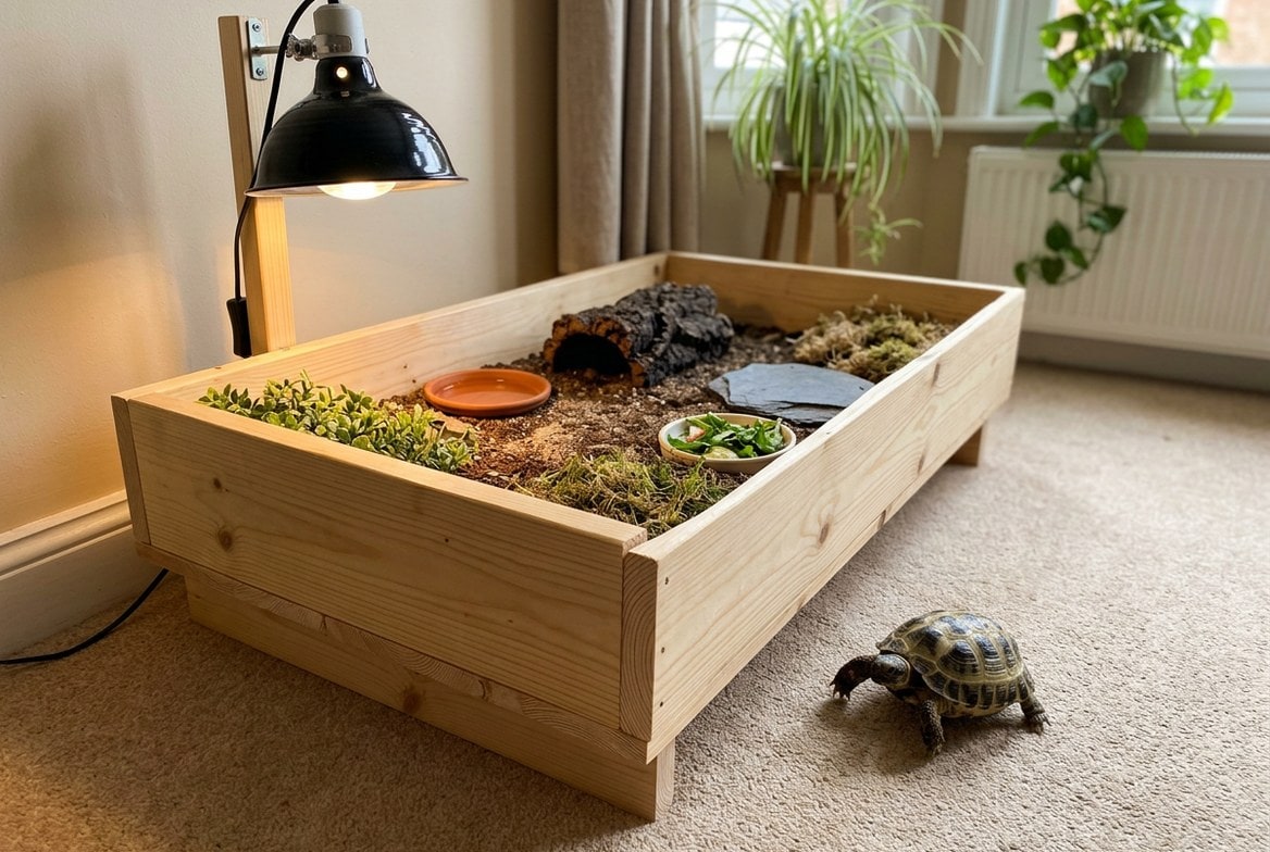Russian tortoise beside an open-top tortoise table setup indoors