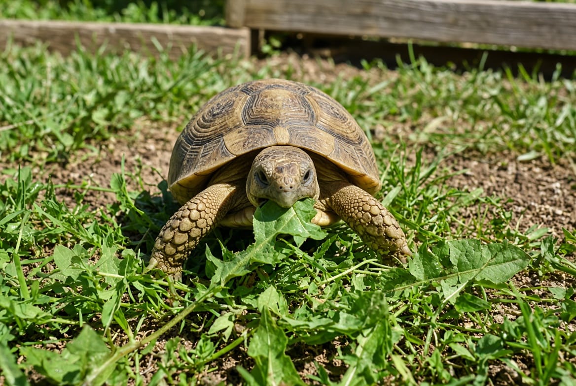 A Russian tortoise grazing on dandelion and broadleaf weeds in an outdoor pen