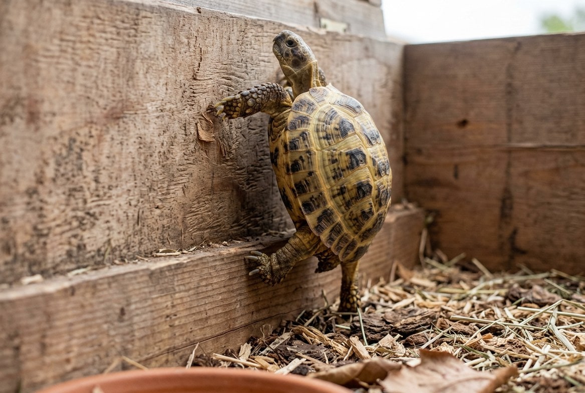 Russian tortoise climbing along the wall of its open-top tortoise table enclosure