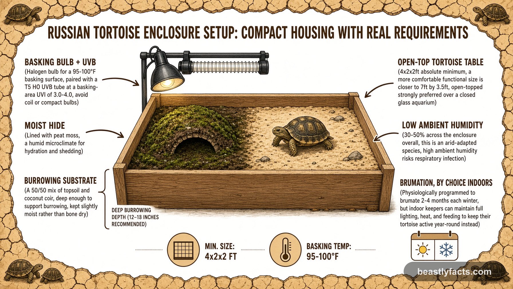 Labeled diagram of a Russian tortoise enclosure showing an open-top tortoise table, grouped basking and UVB lighting, and a moist hide
