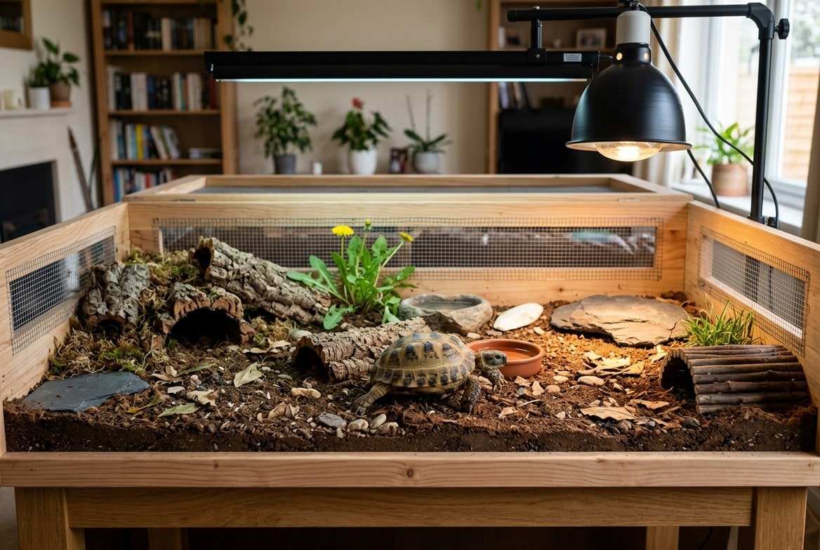 Russian tortoise enclosure with an open-top tortoise table, basking light, and burrowing substrate
