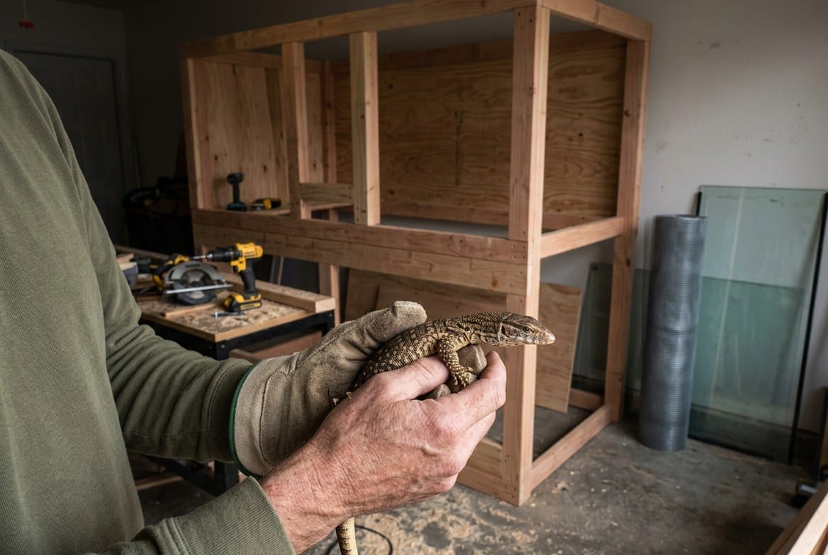 Savannah monitor lizard next to its enclosure setup, illustrating the gap between purchase price and true cost of care