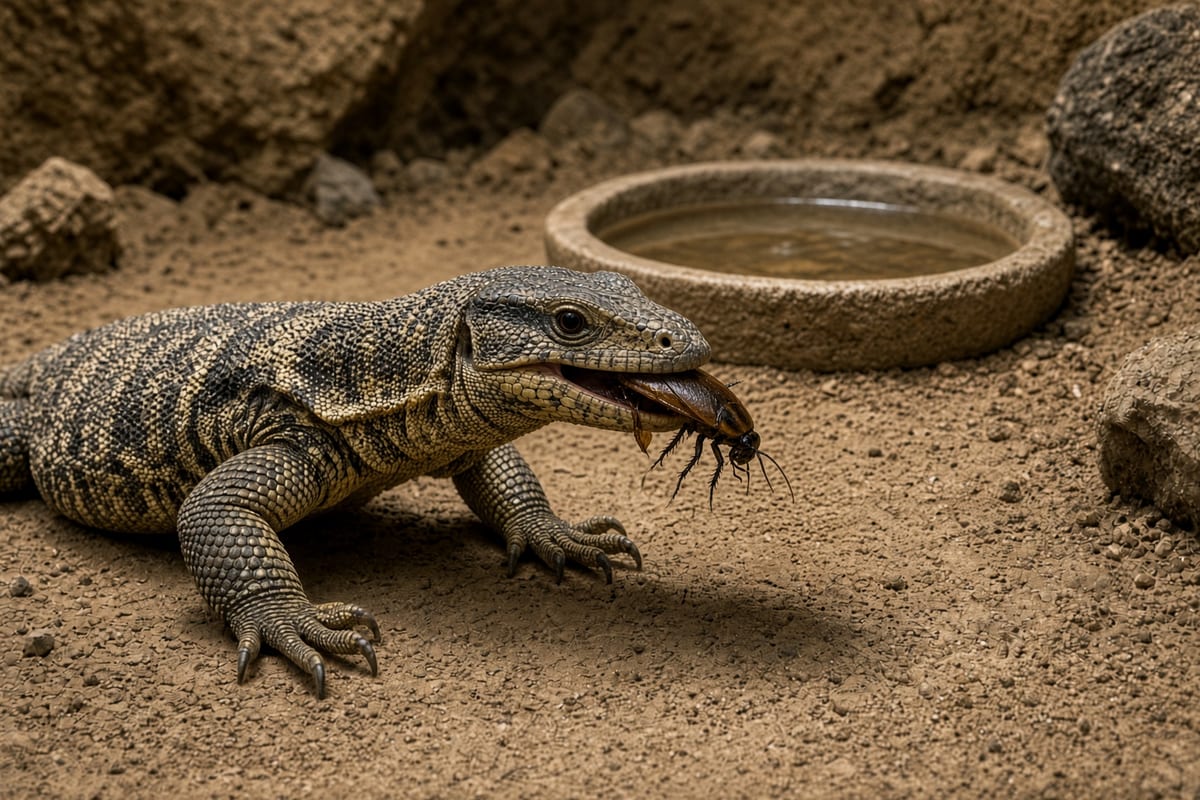A savannah monitor on packed soil eating a large gut-loaded dubia roach, with a shallow water basin behind it