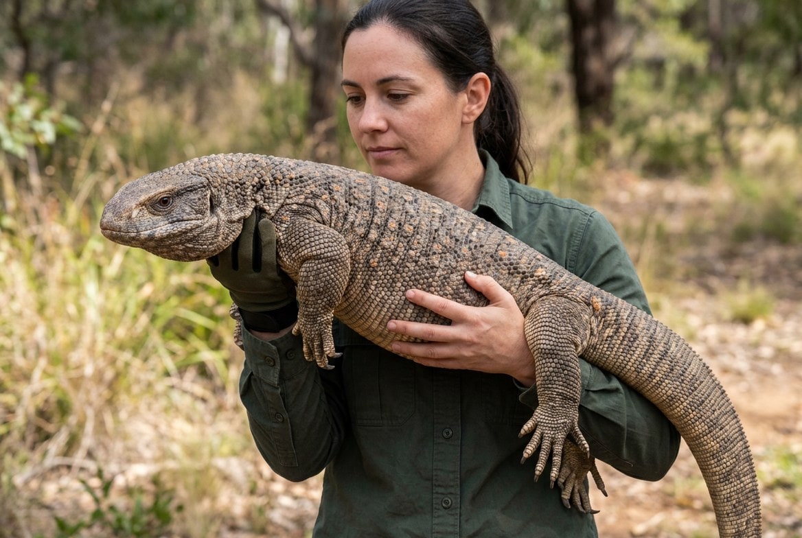 Adult savannah monitor being supported carefully from underneath during handling