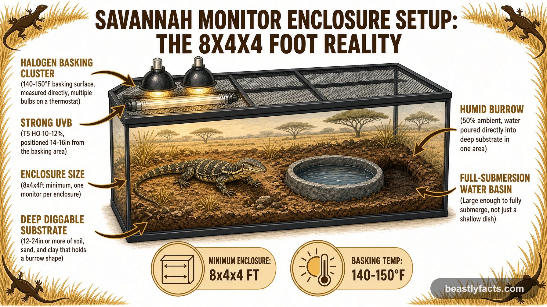 Labeled diagram of a savannah monitor enclosure showing the halogen basking cluster, humid burrow, and full-submersion water basin