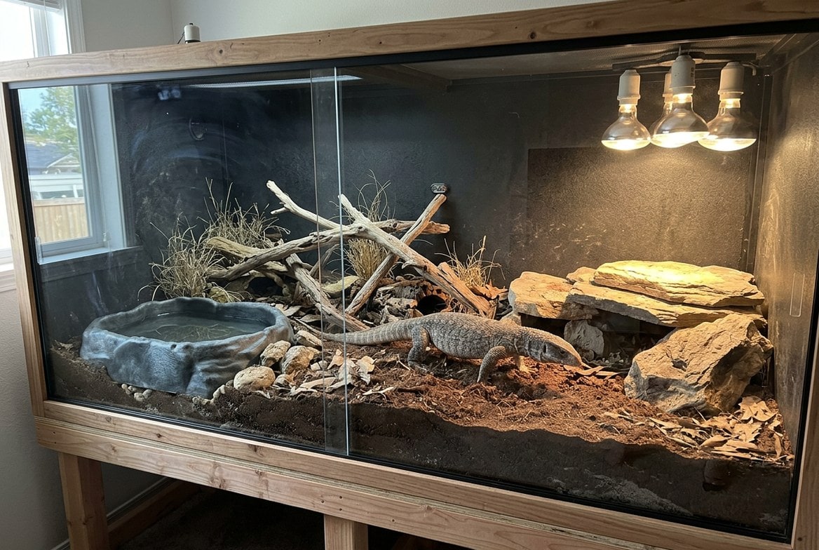 Savannah monitor enclosure with deep diggable substrate, basking area, and a large water basin for full submersion