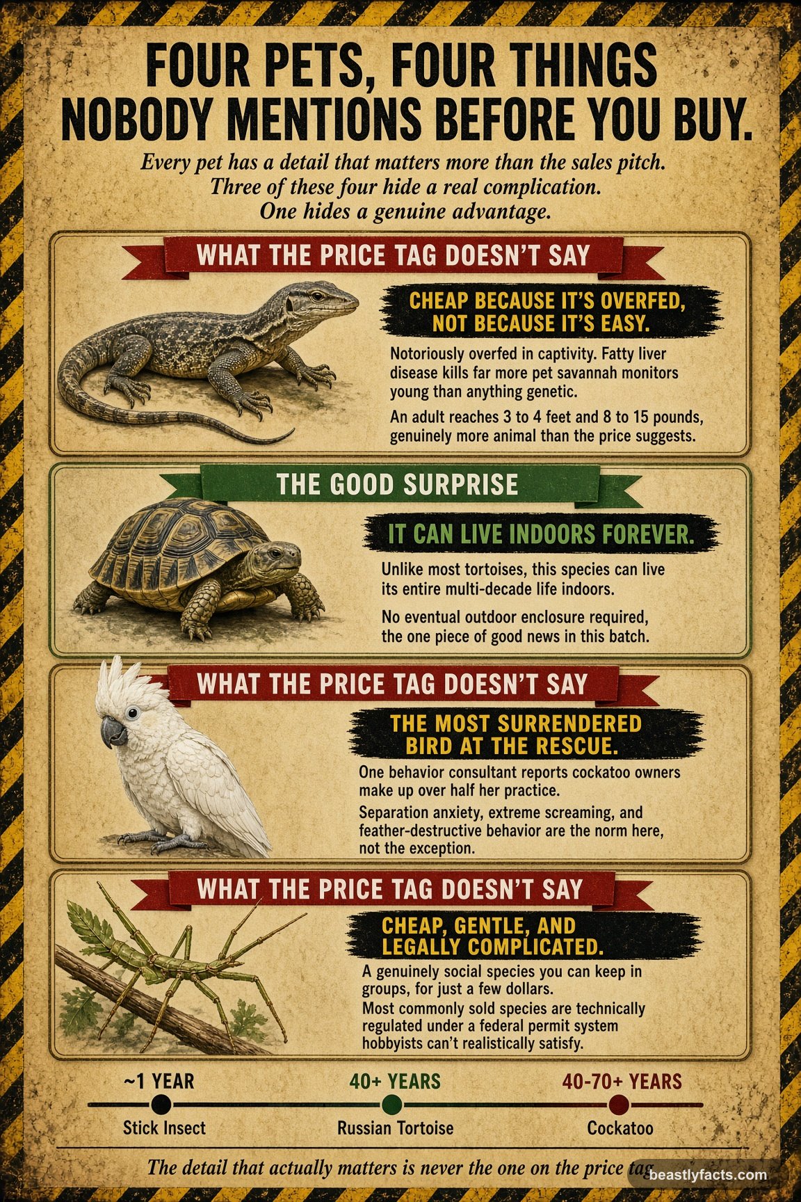 Portrait infographic comparing a savannah monitor, Russian tortoise, cockatoo, and stick insect, showing the hidden cost or advantage each one doesn't advertise