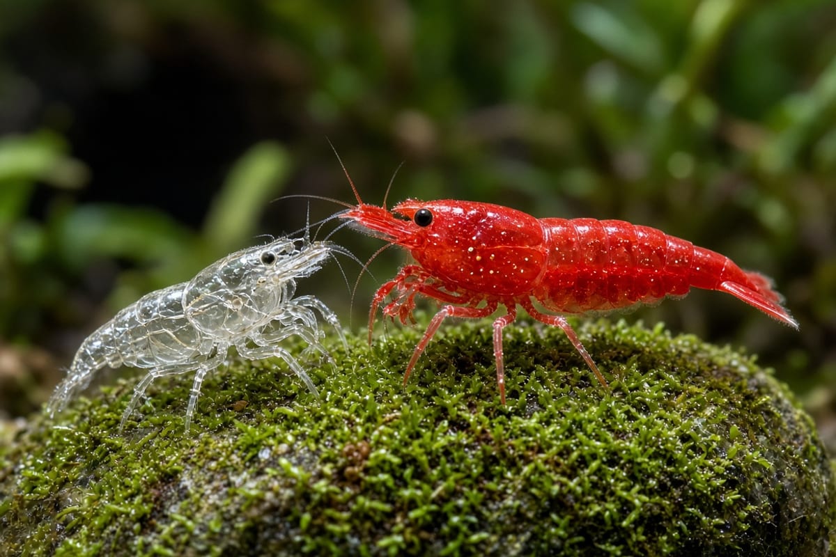 A red cherry shrimp beside its translucent shed exoskeleton on a mossy stone in a planted aquarium