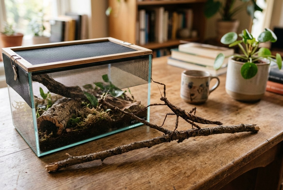 Camouflaged stick insect resting on a branch beside a small mesh-topped enclosure