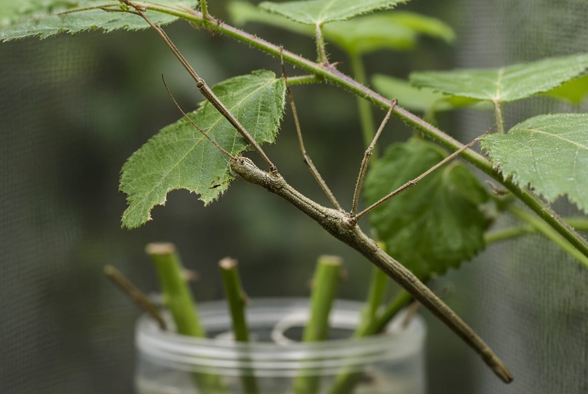 A stick insect hanging from a bramble stem in a tall mesh enclosure, feeding on a leaf