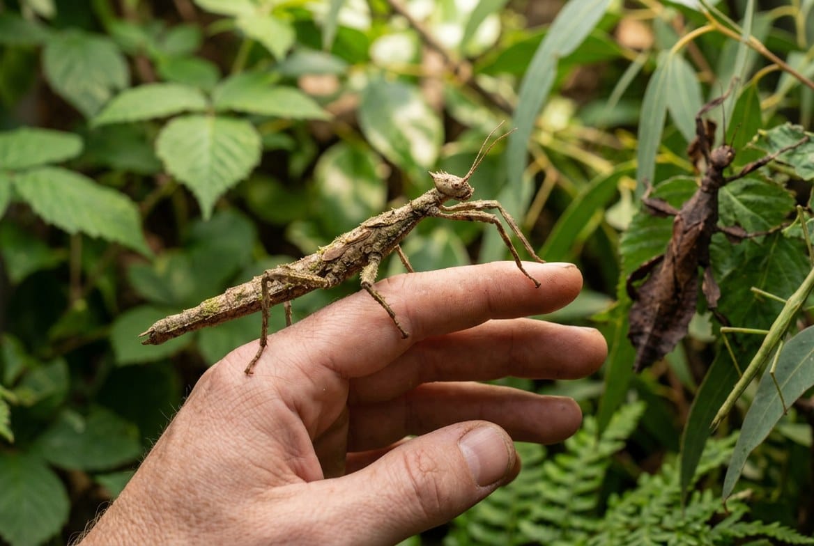Stick insect calmly gripping a keeper's hand during gentle handling