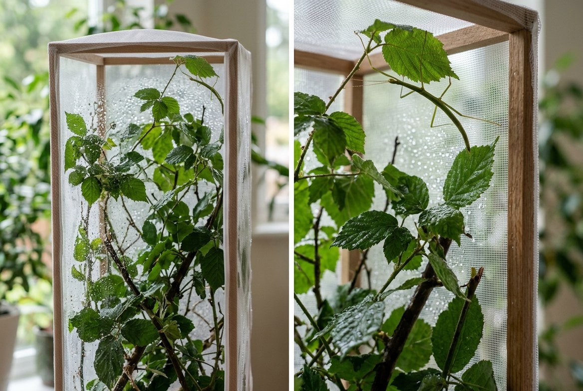 Stick insect enclosure with mesh top, host plant cuttings, and misted substrate