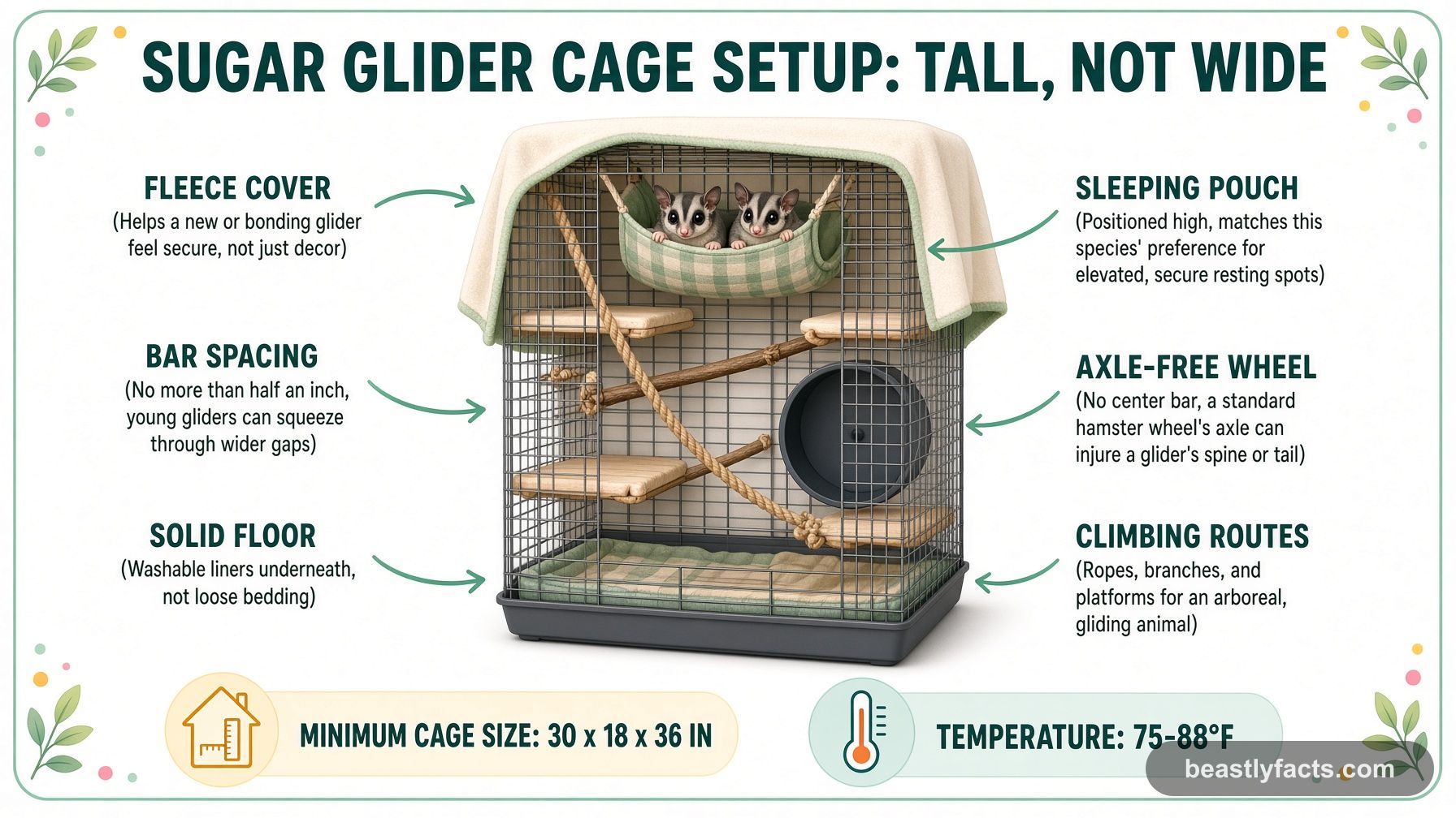 Labeled diagram of a sugar glider cage showing the fleece cover, sleeping pouch, axle-free wheel, bar spacing, and other setup essentials
