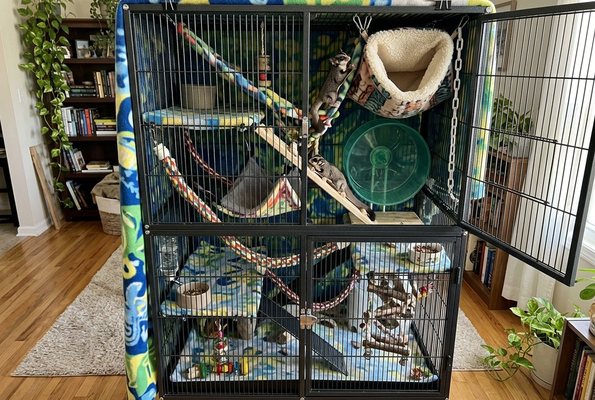 Sugar glider cage with tall vertical climbing space, a sleeping pouch, and an exercise wheel