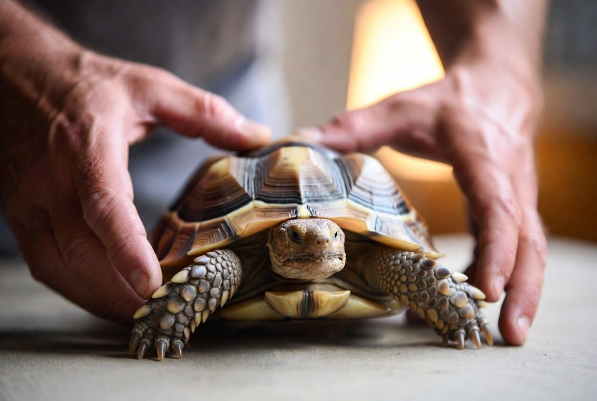 Person hand-feeding a juvenile sulcata tortoise low to the ground