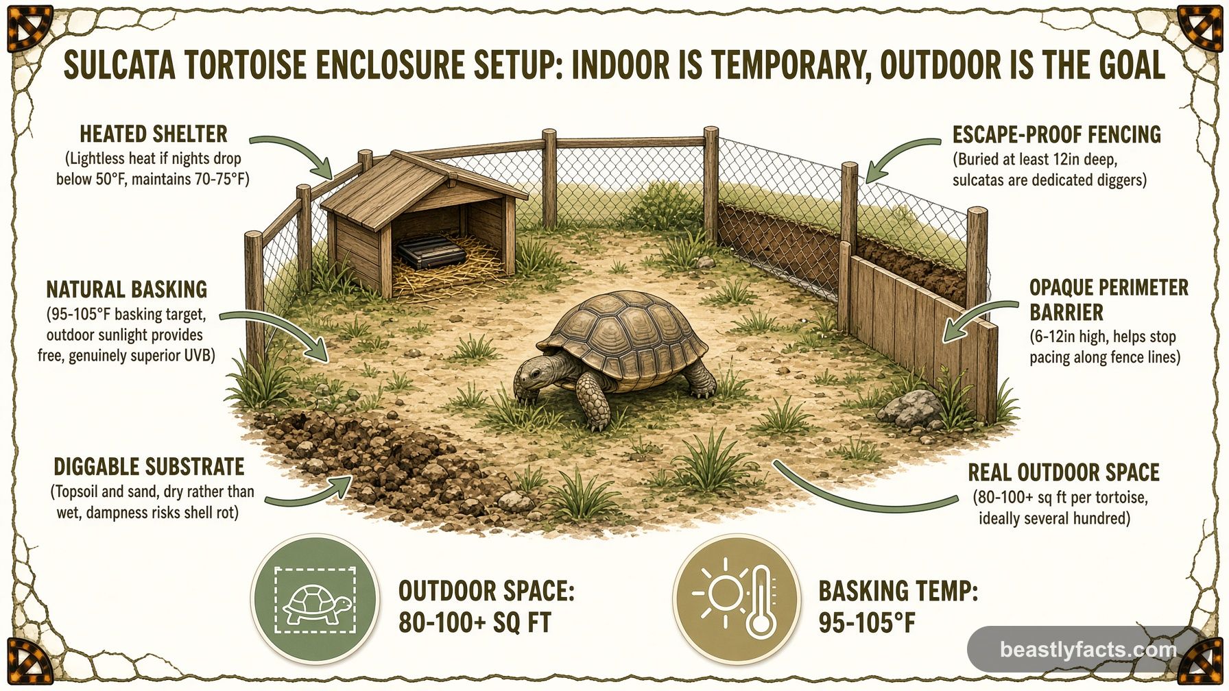 Labeled diagram of an outdoor sulcata tortoise pen showing the heated shelter, buried escape-proof fencing, and real outdoor space